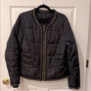 White House Black Market Black Puffer Jacket with Chain Accents